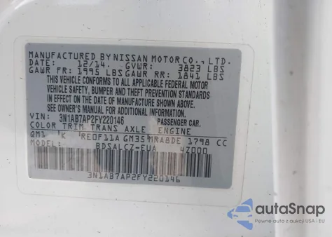 2015 Nissan Sentra Fe+ S/S/Sl/Sr/Sv из США, поврежденный, VIN 3N1AB7AP2FY220146